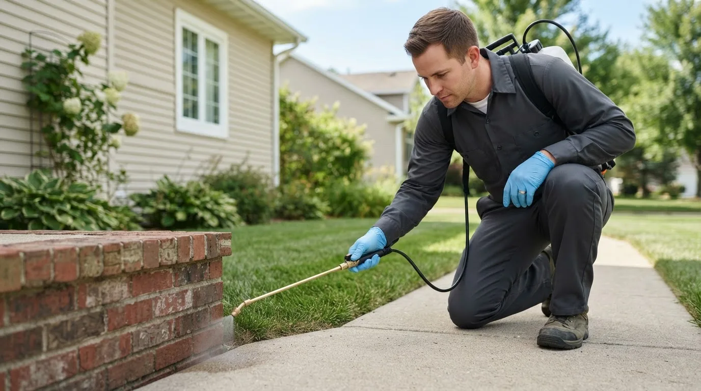 Pest control technician treating a home near Waynesville, OH