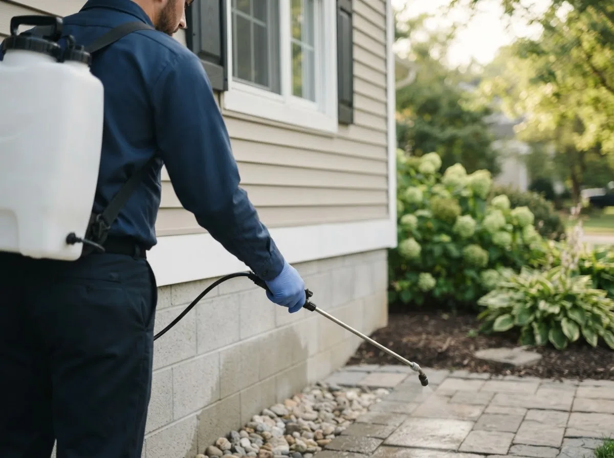 Pest control technician inspecting a home in Waynesville, OH